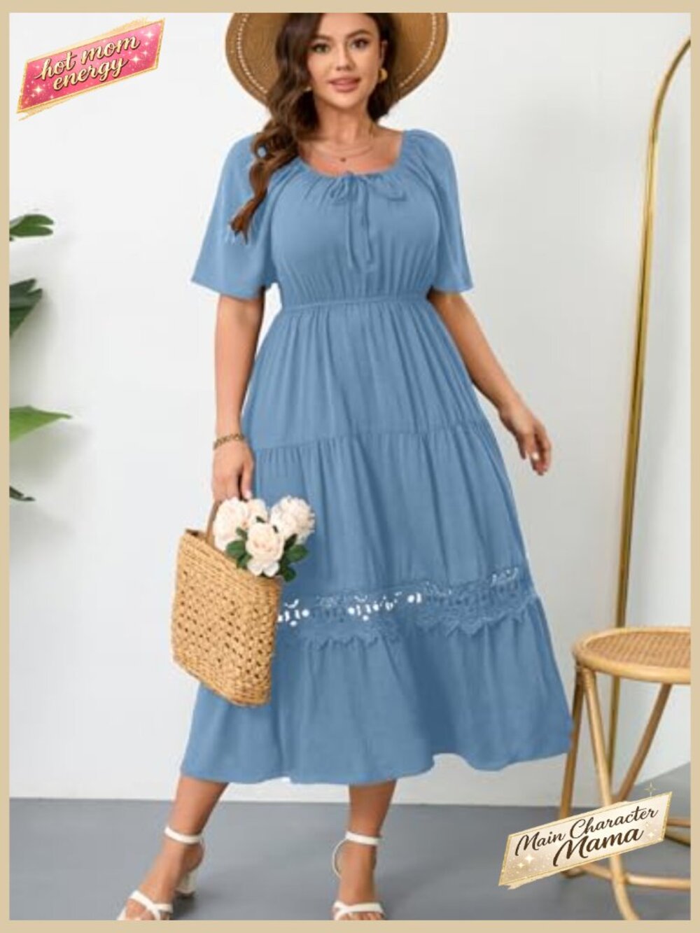 Plus Size Maxi Dress Short Sleeve Square Neck Flowy A-Line Lace Trim Flutter - Picture 3 of 7